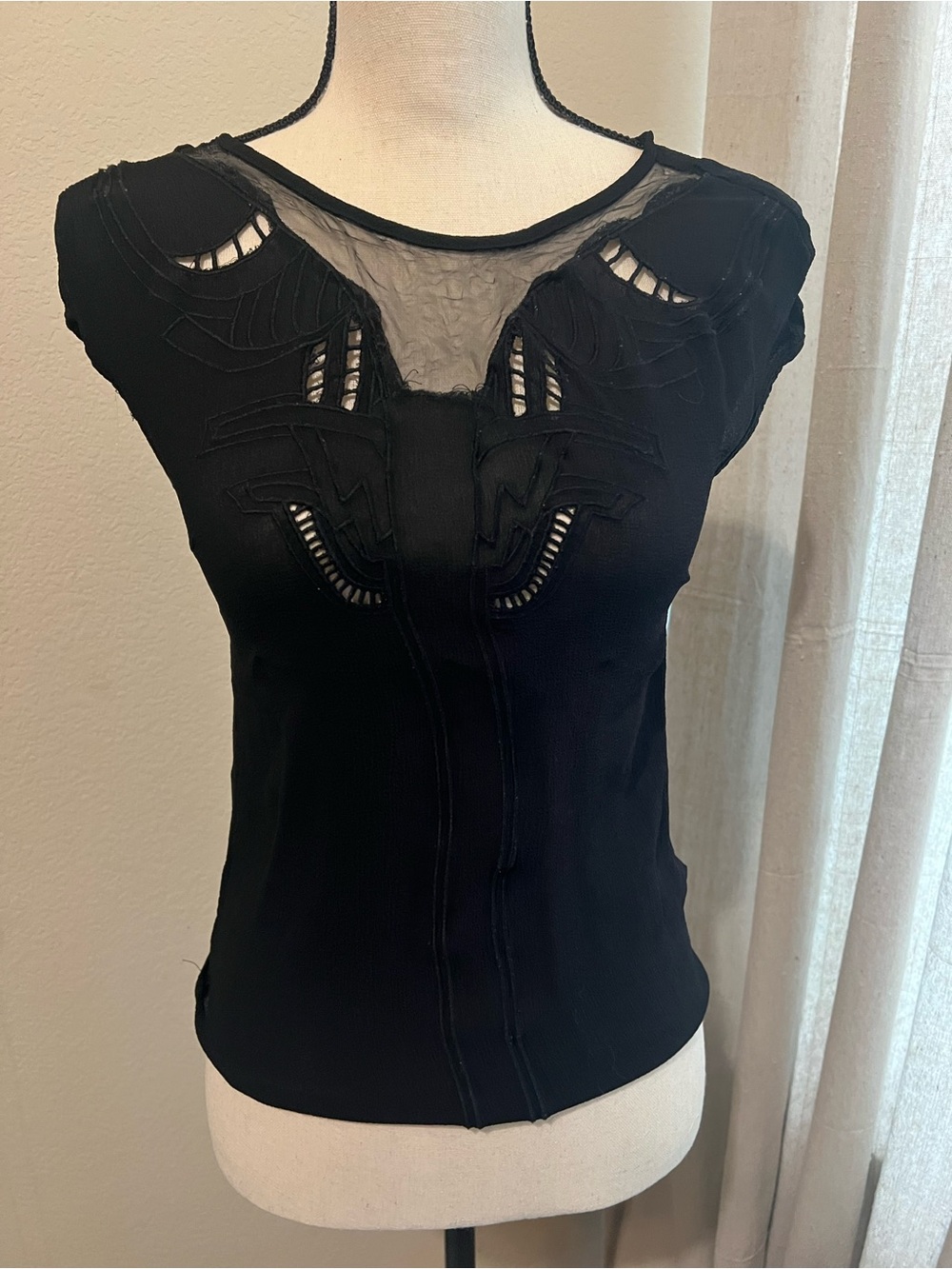Sabine Black Sheer-Panel Embroidered Camisole